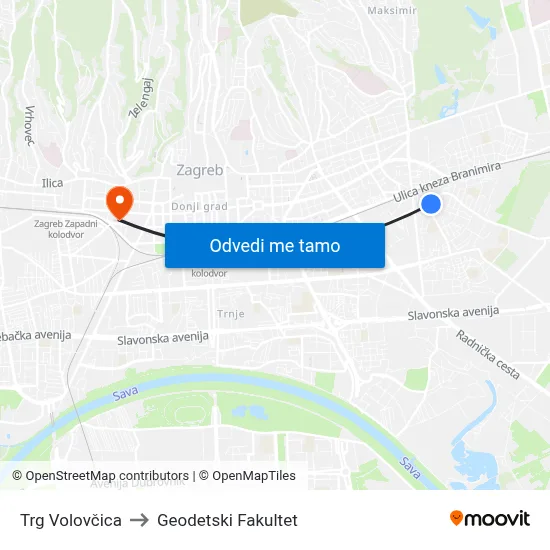Trg Volovčica to Geodetski Fakultet map