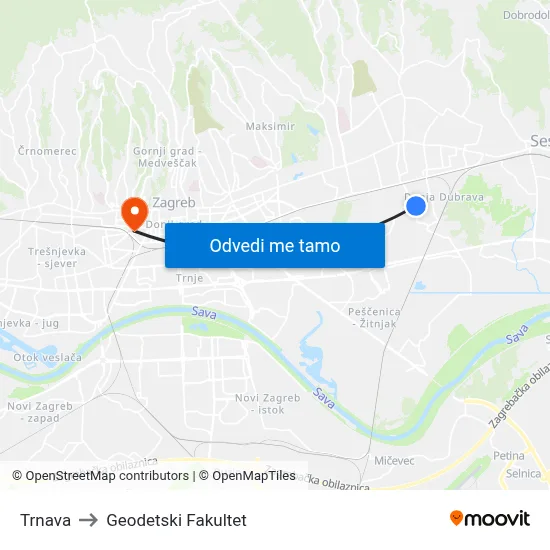 Trnava to Geodetski Fakultet map