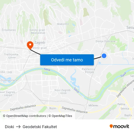 Dioki to Geodetski Fakultet map