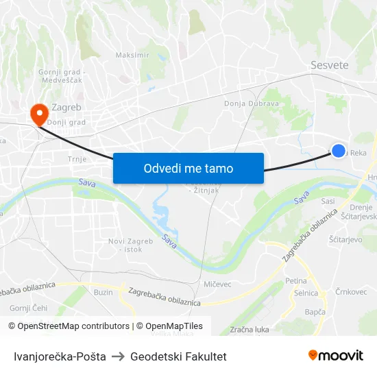 Ivanjorečka-Pošta to Geodetski Fakultet map
