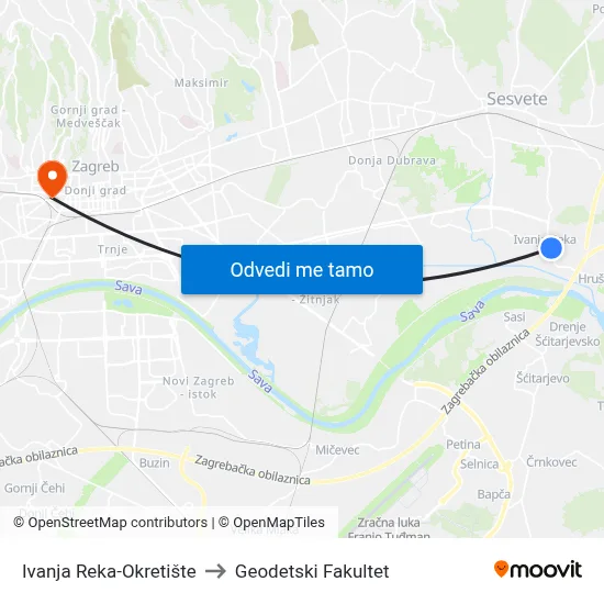 Ivanja Reka-Okretište to Geodetski Fakultet map