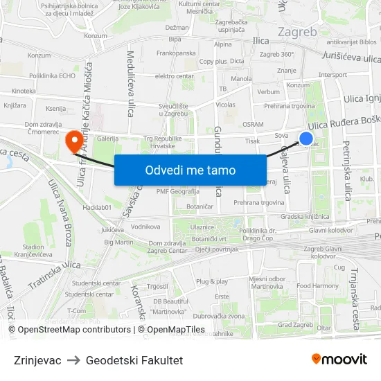 Zrinjevac to Geodetski Fakultet map