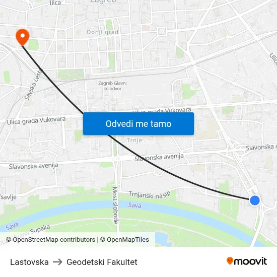 Lastovska to Geodetski Fakultet map