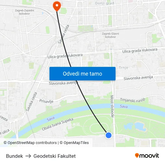 Bundek to Geodetski Fakultet map
