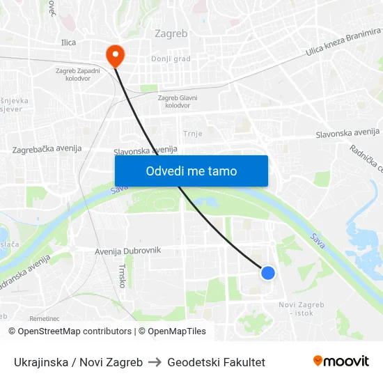 Ukrajinska / Novi Zagreb to Geodetski Fakultet map