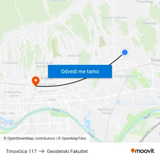 Trnovčica 117 to Geodetski Fakultet map