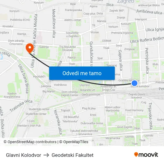 Glavni Kolodvor to Geodetski Fakultet map