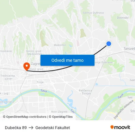 Dubečka 89 to Geodetski Fakultet map