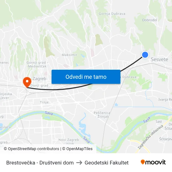 Brestovečka - Društveni dom to Geodetski Fakultet map