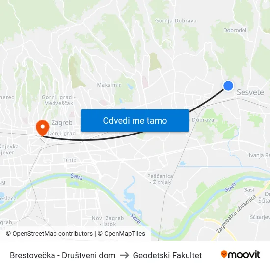 Brestovečka - Društveni dom to Geodetski Fakultet map