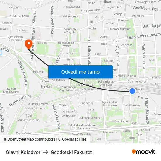 Glavni Kolodvor to Geodetski Fakultet map