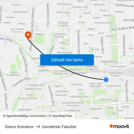 Glavni Kolodvor to Geodetski Fakultet map