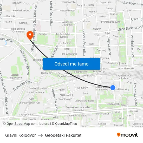Glavni Kolodvor to Geodetski Fakultet map