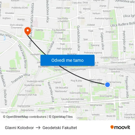 Glavni Kolodvor to Geodetski Fakultet map