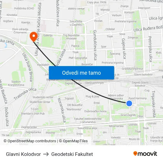 Glavni Kolodvor to Geodetski Fakultet map