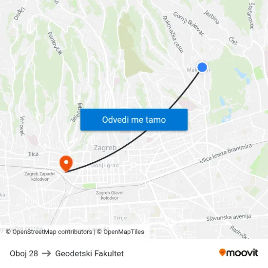 Oboj 28 to Geodetski Fakultet map