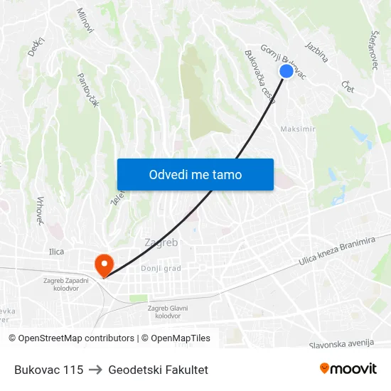Bukovac 115 to Geodetski Fakultet map