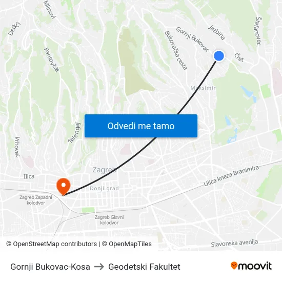 Gornji Bukovac-Kosa to Geodetski Fakultet map