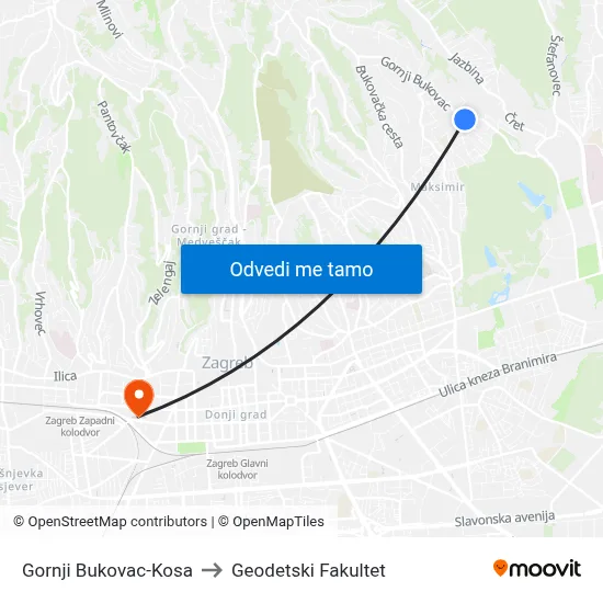 Gornji Bukovac-Kosa to Geodetski Fakultet map