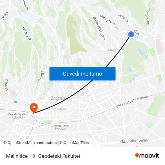 Melinišće to Geodetski Fakultet map