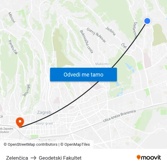 Zelenčica to Geodetski Fakultet map