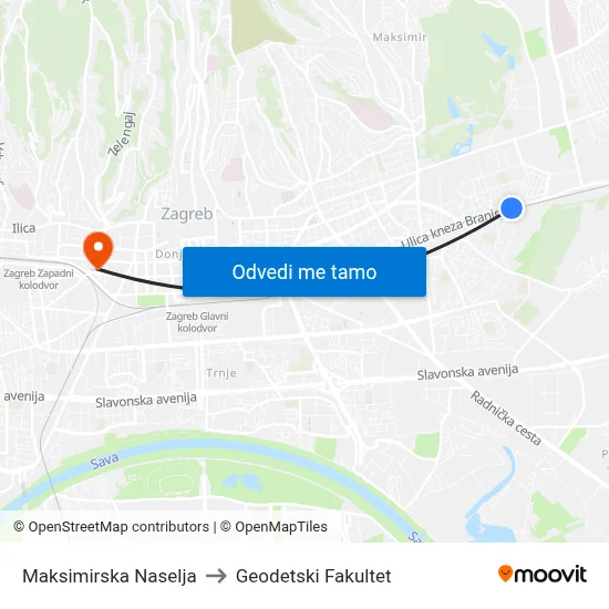 Maksimirska Naselja to Geodetski Fakultet map