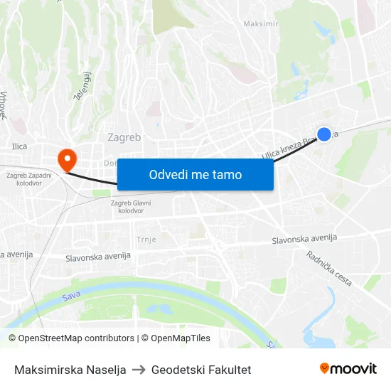 Maksimirska Naselja to Geodetski Fakultet map