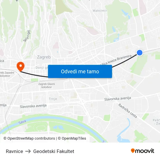 Ravnice to Geodetski Fakultet map