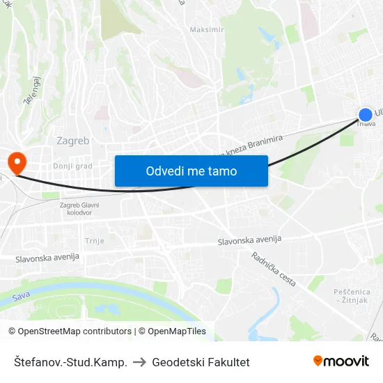 Štefanov.-Stud.Kamp. to Geodetski Fakultet map