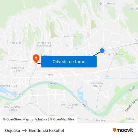 Osječka to Geodetski Fakultet map