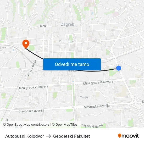 Autobusni Kolodvor to Geodetski Fakultet map