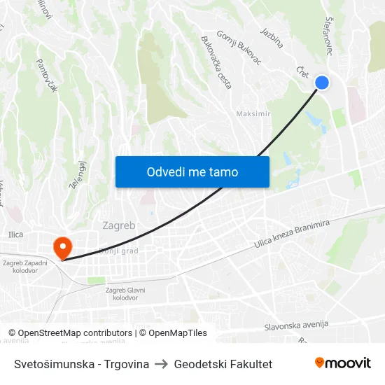 Svetošimunska - Trgovina to Geodetski Fakultet map