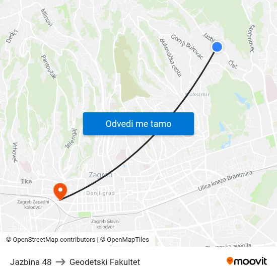 Jazbina 48 to Geodetski Fakultet map