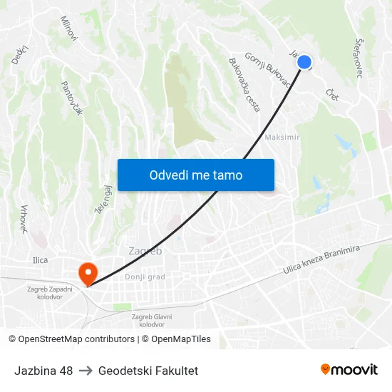 Jazbina 48 to Geodetski Fakultet map