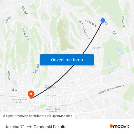 Jazbina 71 to Geodetski Fakultet map
