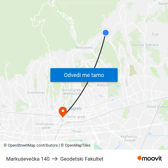Markuševečka 140 to Geodetski Fakultet map