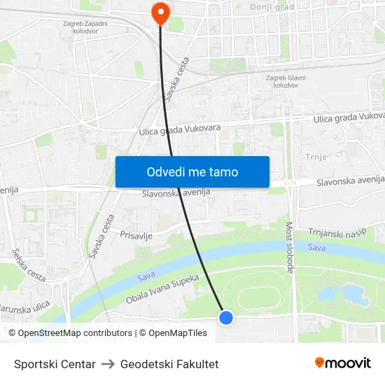 Sportski Centar to Geodetski Fakultet map