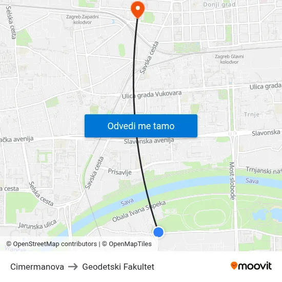 Cimermanova to Geodetski Fakultet map