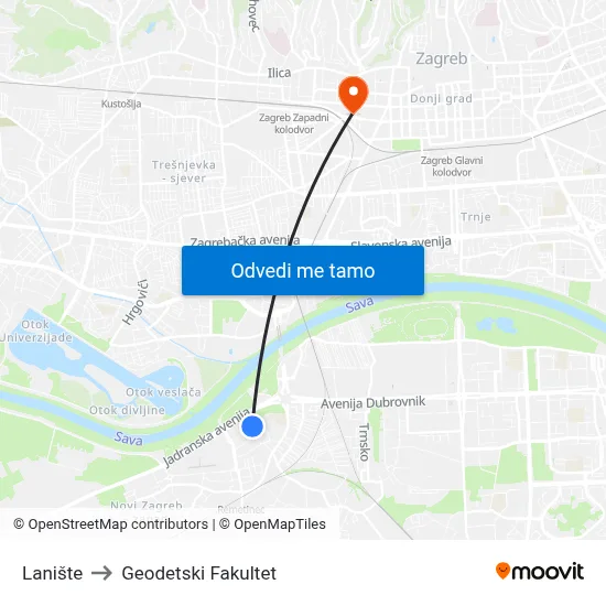 Lanište to Geodetski Fakultet map