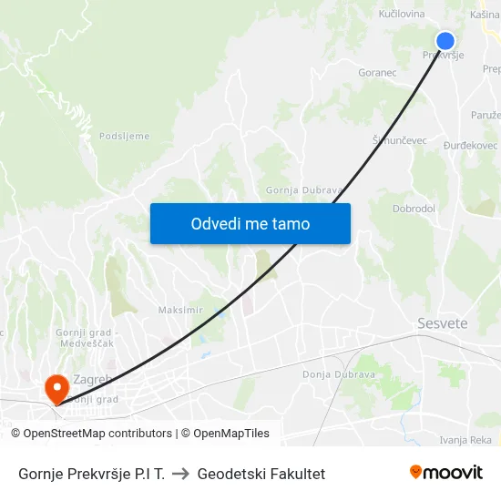 Gornje Prekvršje P.I T. to Geodetski Fakultet map