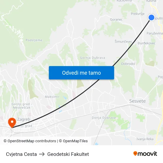 Cvjetna Cesta to Geodetski Fakultet map