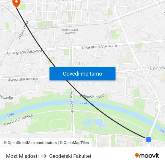 Most Mladosti to Geodetski Fakultet map