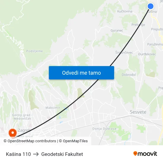 Kašina 110 to Geodetski Fakultet map