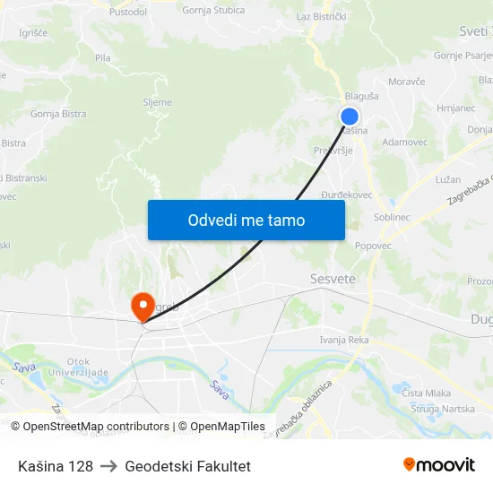 Kašina 128 to Geodetski Fakultet map
