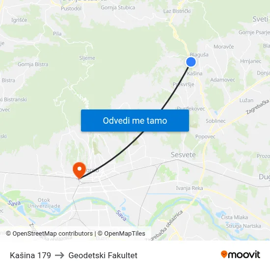Kašina 179 to Geodetski Fakultet map