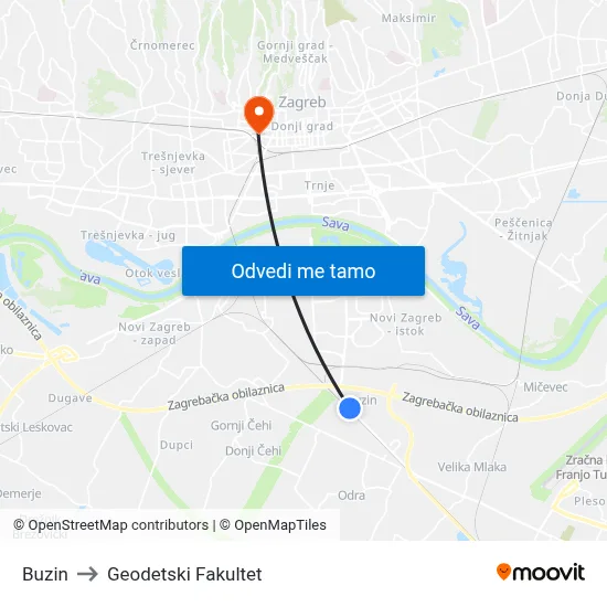 Buzin to Geodetski Fakultet map