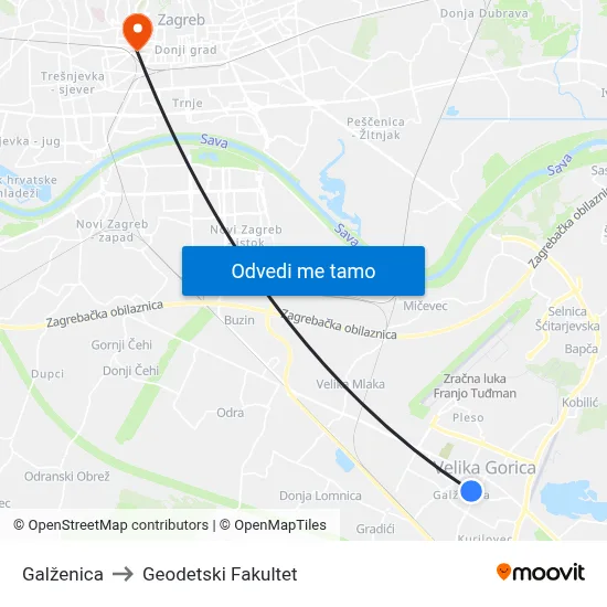 Galženica to Geodetski Fakultet map