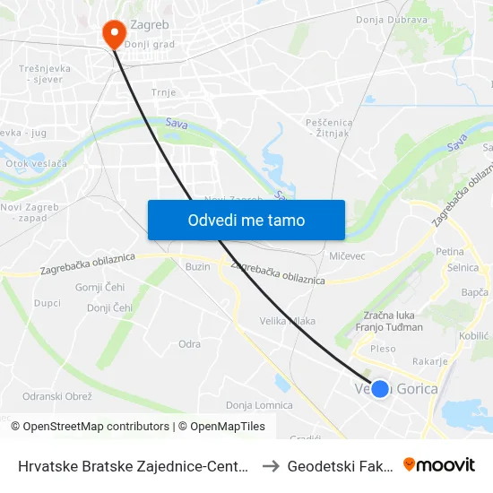 Hrvatske Bratske Zajednice-Centar-Škola to Geodetski Fakultet map