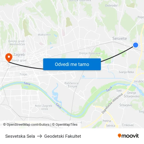 Sesvetska Sela to Geodetski Fakultet map