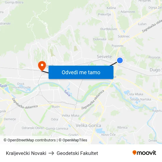 Kraljevečki Novaki to Geodetski Fakultet map